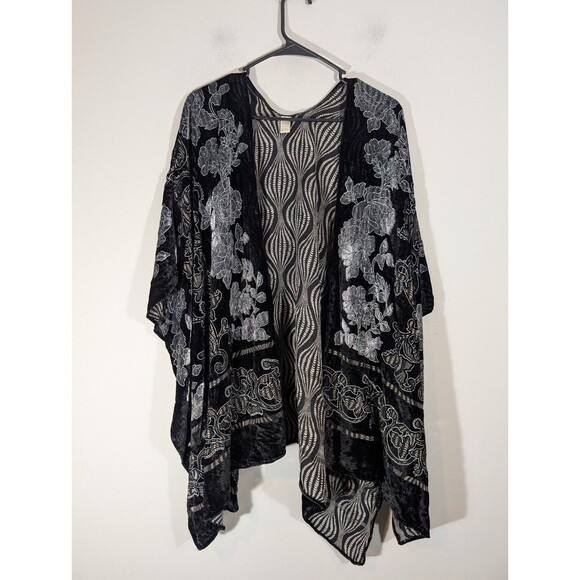 Cato Womens Black Sheer Floral Embroidery Kimono One Size Witchy Goth Burnout - Picture 1 of 8